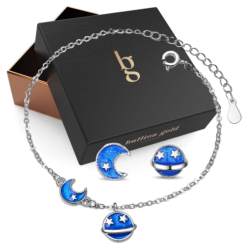 Boxed Blue Cosmos Bracelet and Earrings Set