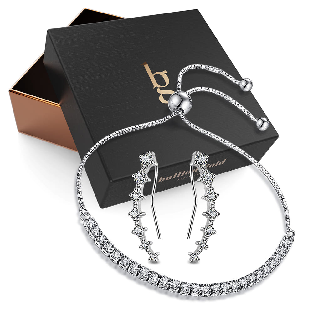 Boxed Set Ft Sparkling Zirconia Bracelet and Climber Earrings set in White Gold Plated - Brilliant Co