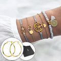 Boxed Bohemian Multi Layered Charm Bead Bracelet and Hoop Gold Plated Earrings Set - Grey - Brilliant Co