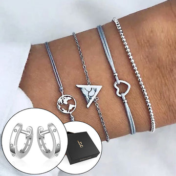 Boxed Bohemian Multi Layered Charm Bead Bracelet and Huggies White Gold Plated Earrings Set - Grey