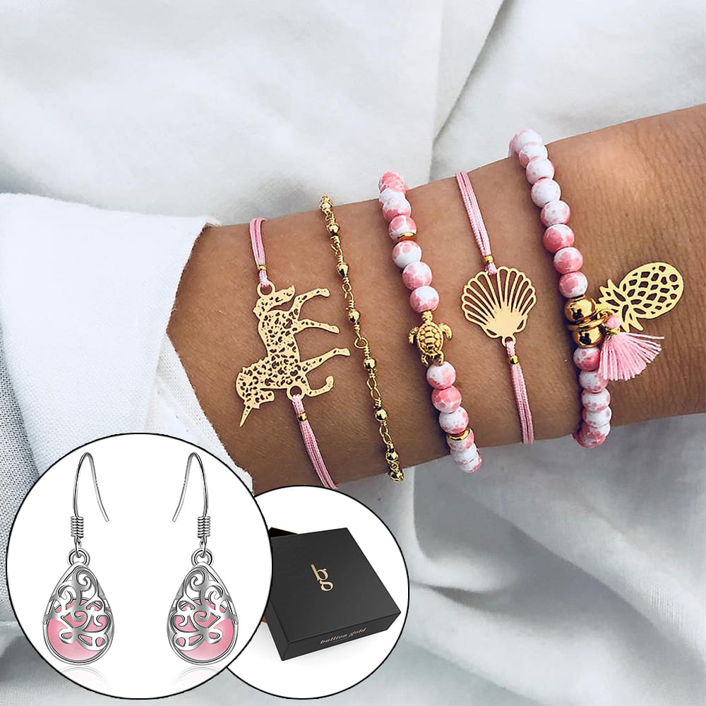 Boxed Bohemian Multi Layered Charm Bead Bracelet and Hoop White Gold Plated Earrings Set - Pink