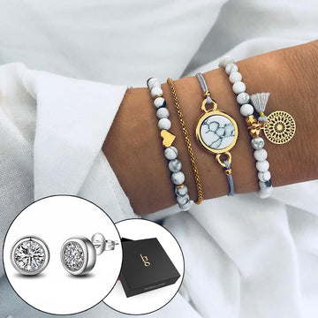 Boxed Bohemian Multi Layered Charm Bead Bracelet and Stud White Gold Plated Earrings Set - Grey