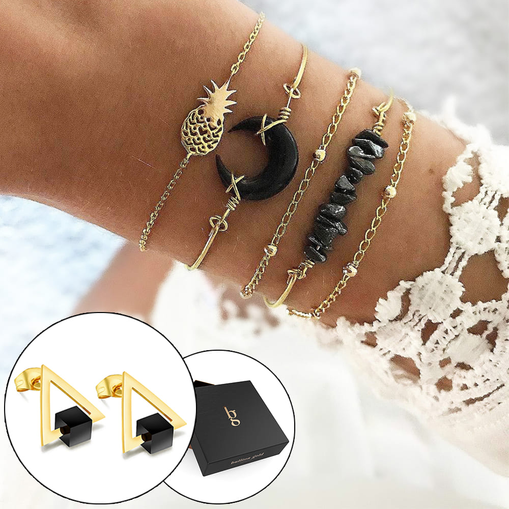 Boxed Bohemian Multi Layered Charm Bead Bracelet and Drop Earrings Set - Black - Brilliant Co