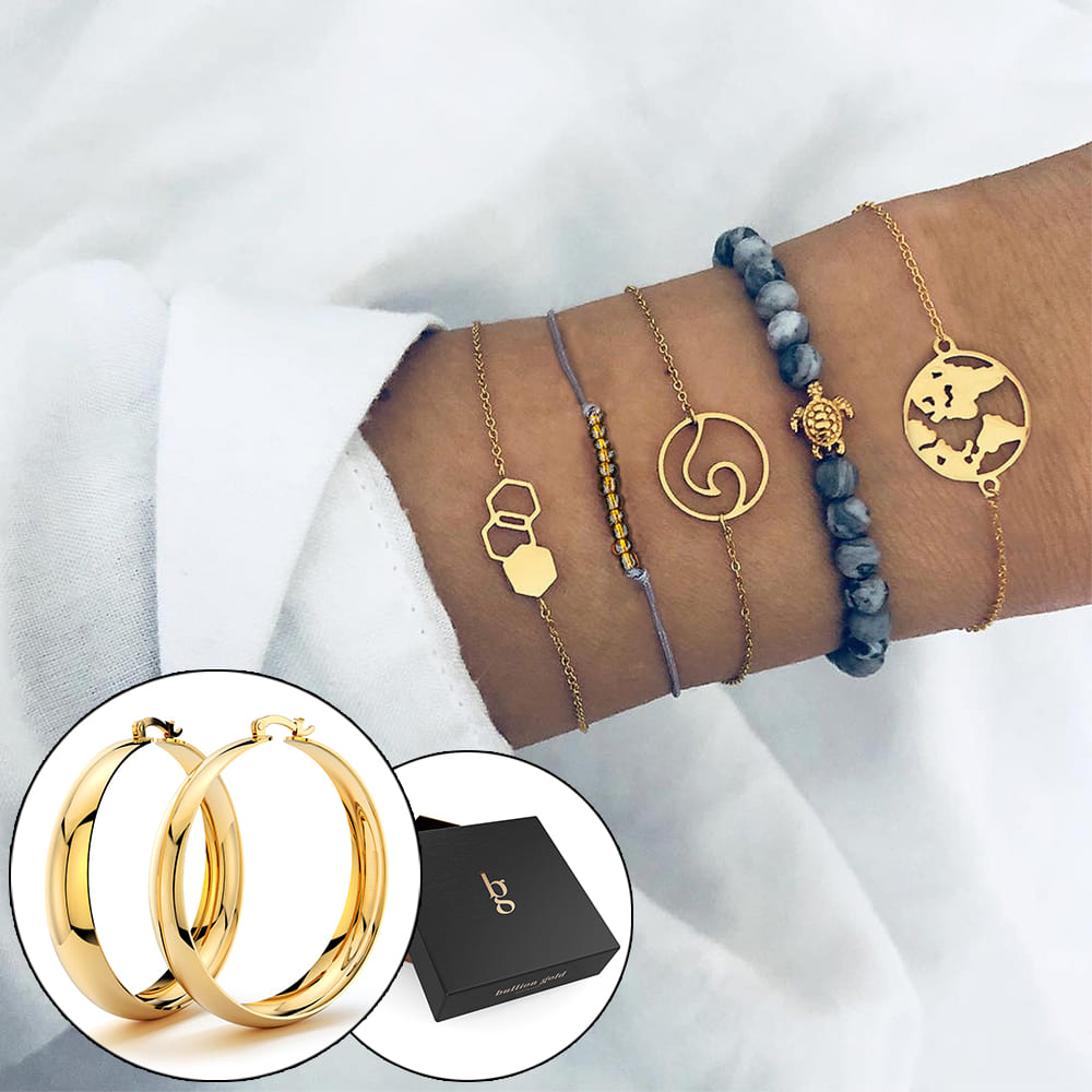 Boxed Bohemian Multi Layered Charm Bead Bracelet and Hoop Gold Plated Earrings Set - Blue
