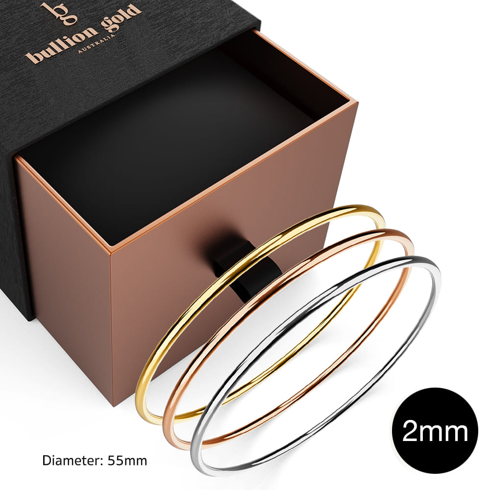 Boxed 3 pcs Tritone Gold Solid Golf Bangle 2mm Set