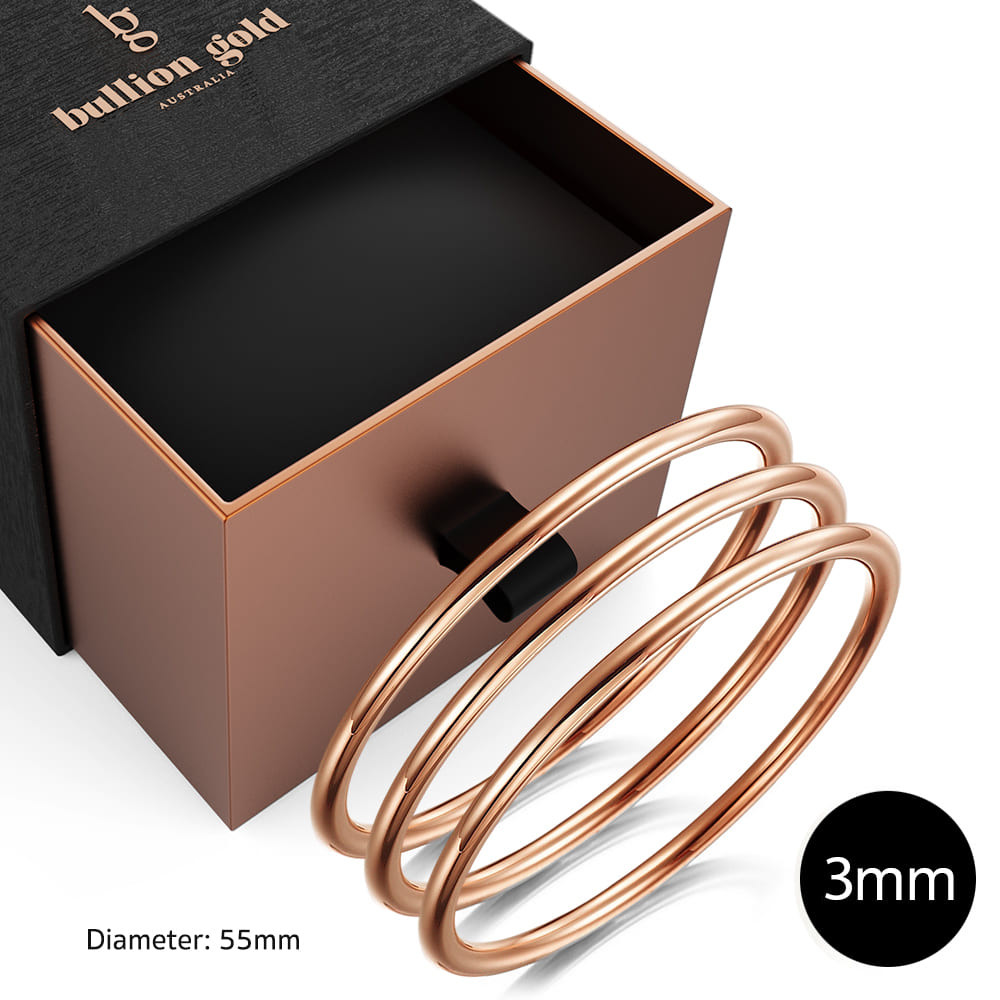 Boxed 3 pcs Solid Golf Bangle 3mm Set in Rose Gold