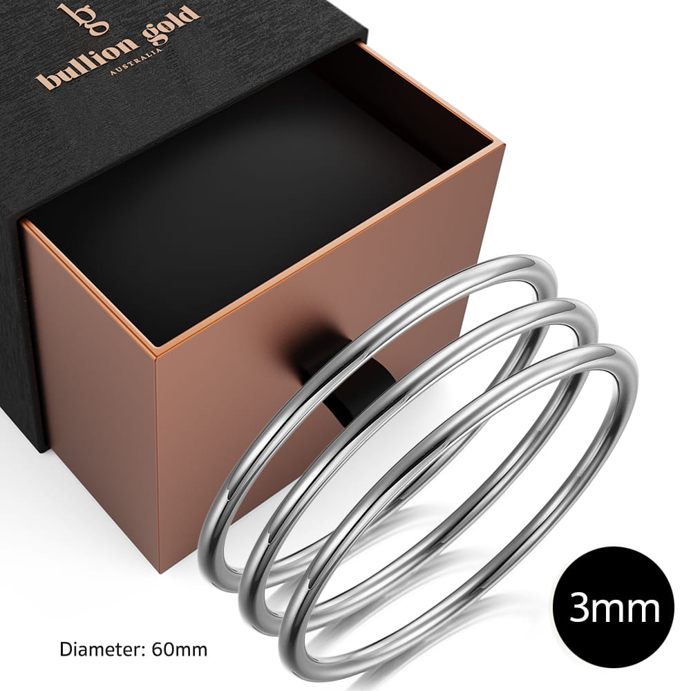 Boxed 3 pcs Solid Golf Bangle 3mm Set in White Gold
