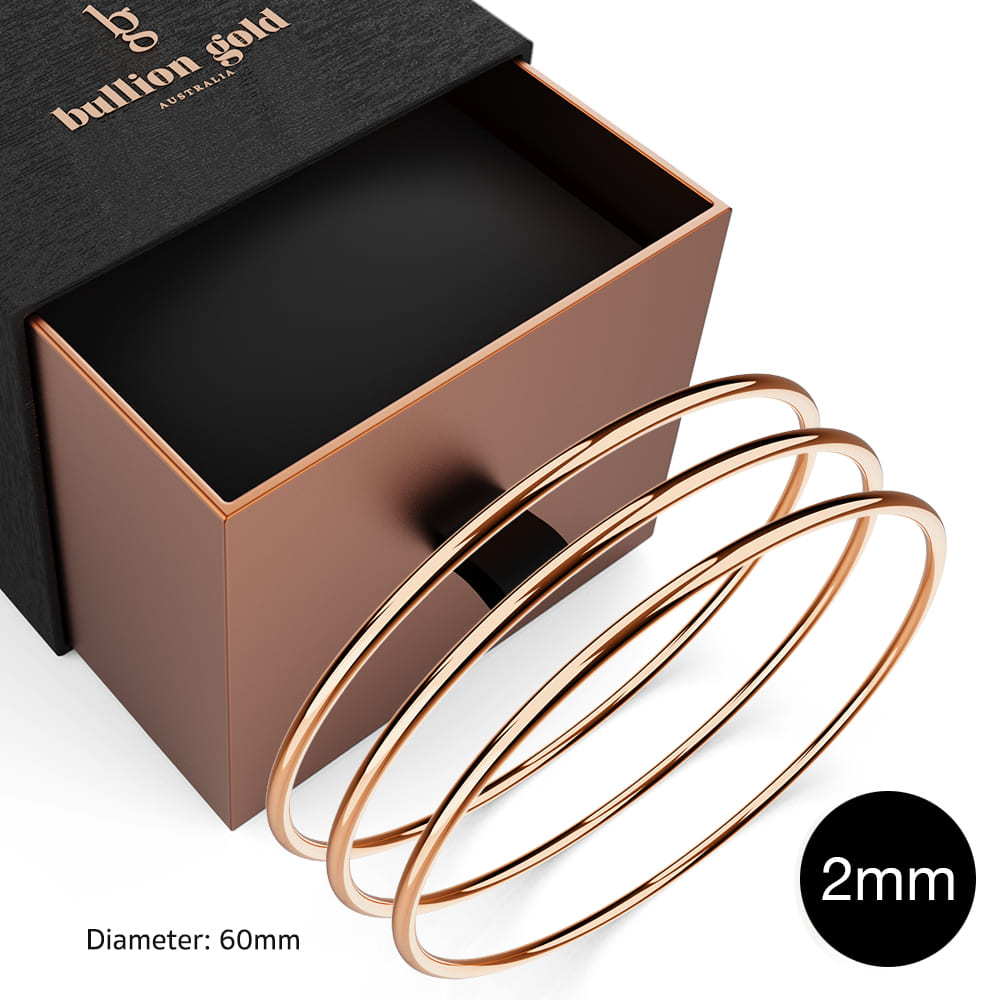 Boxed 3 pcs Solid Golf Bangle 2mm Set in Rose Gold