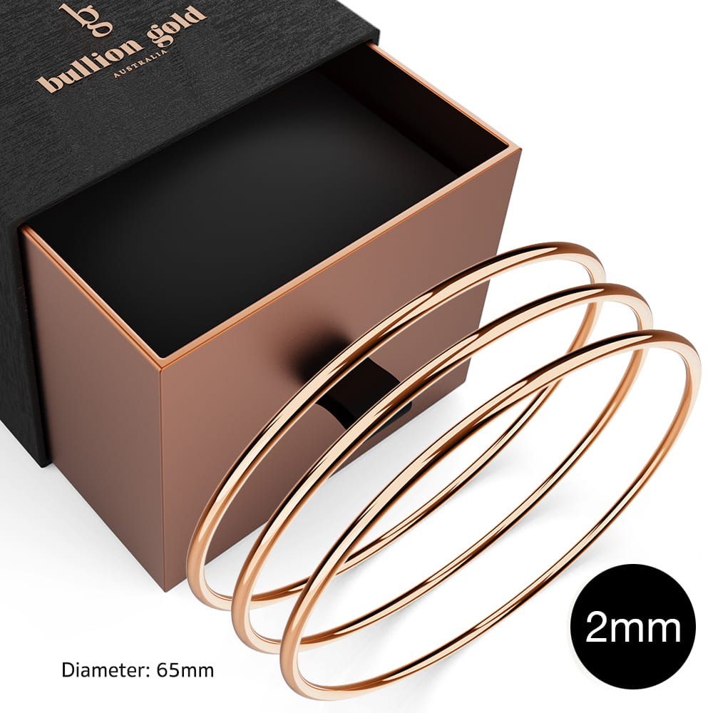 Boxed 3 pcs Solid Golf Bangle 2mm Set in Rose Gold