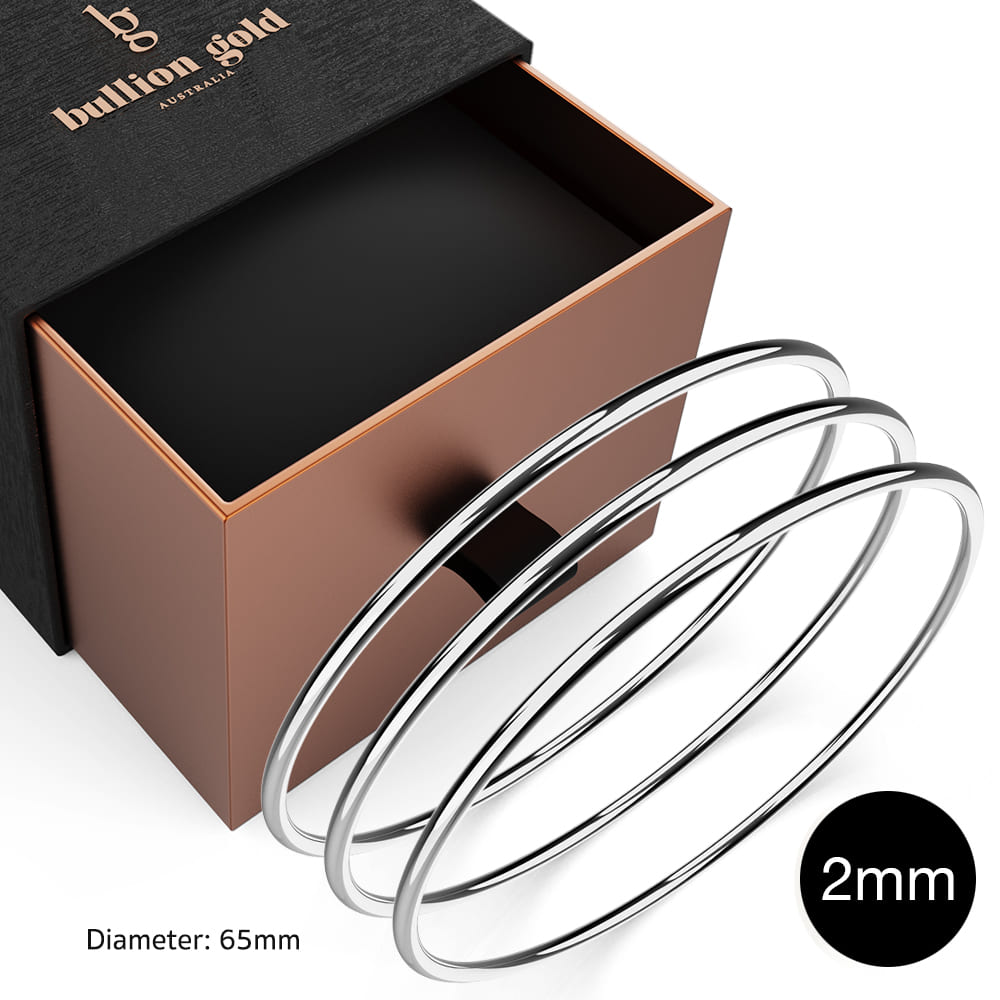 Boxed 3 pcs Solid Golf Bangle 2mm Set in White Gold