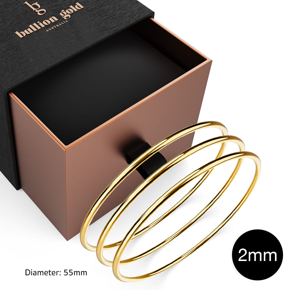 Boxed 3 pcs Solid Golf Bangle 2mm Set in Gold