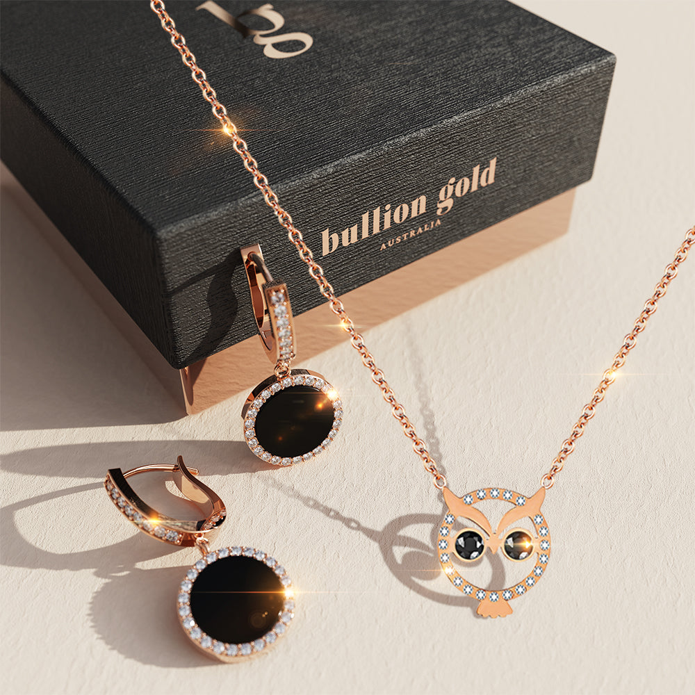 Boxed Jet Black Resin Inlay With Crystals Paved Around Huggie Earrings & Bright-Eyed Owl Short Necklace Set