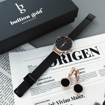 Boxed Bullion Gold Elite watch and Earrings Set Embellished with Crystals in Rose Gold and Black