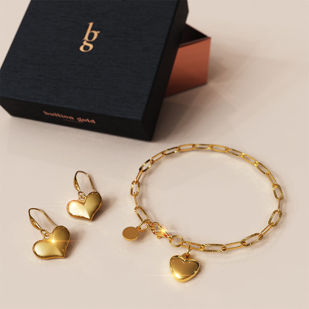 Boxed Golden Heart Earrings and Bracelet Set