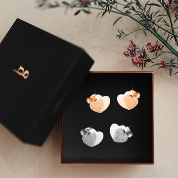 Boxed Glittery Heart 2 Pair Stud Earrings in White and Rose Gold