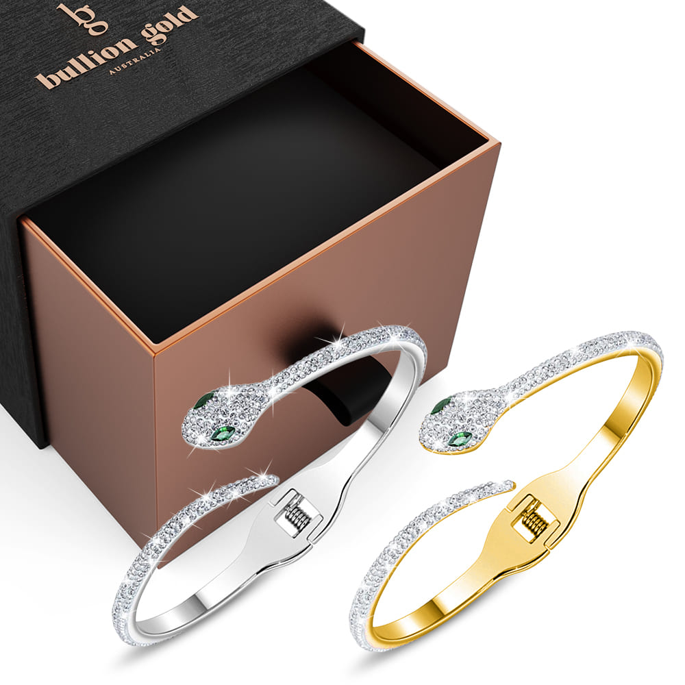 Boxed Serpent Cuff Bangle Set in Gold and White Gold