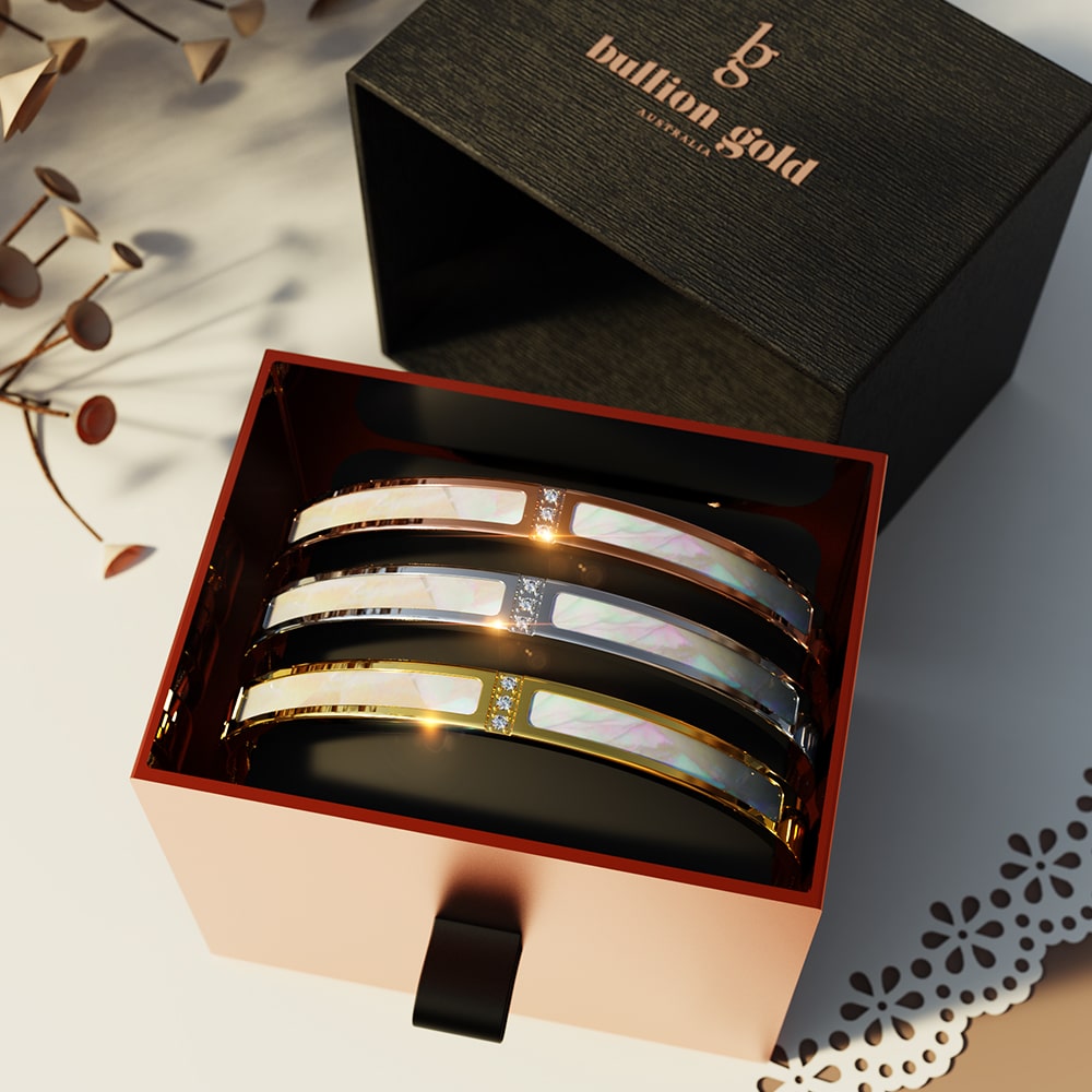 Boxed Modest 3 Pc Tri-Tone Hinged Bangle Set