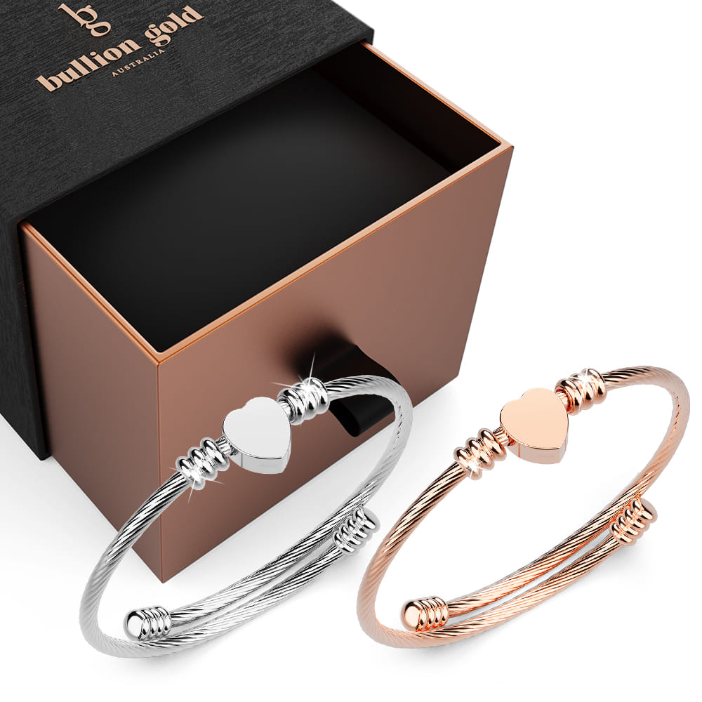 Boxed Heart Motif Charmed 2 Pc Bangle in Rose and White Gold