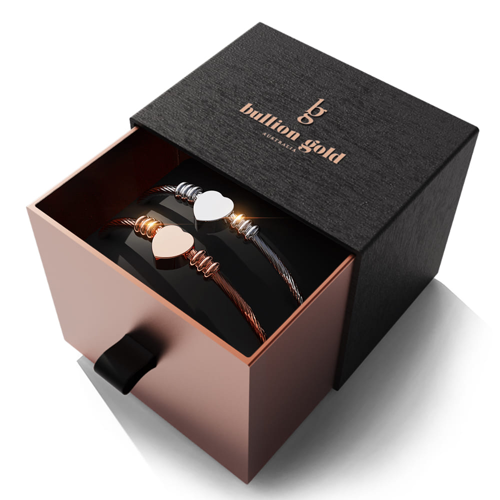 Boxed Heart Motif Charmed 2 Pc Bangle in Rose and White Gold