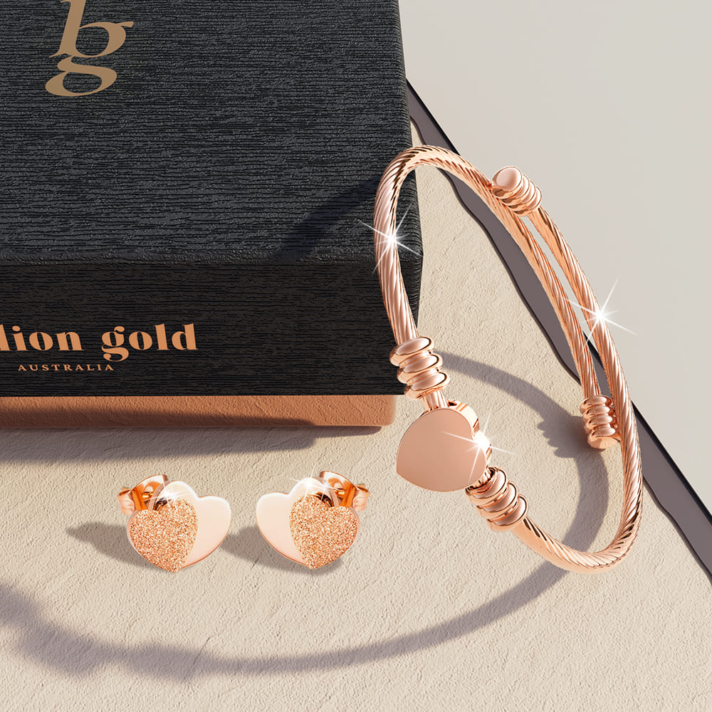 Boxed Beauty with Love Earrings and Bangle Set in Rose Gold