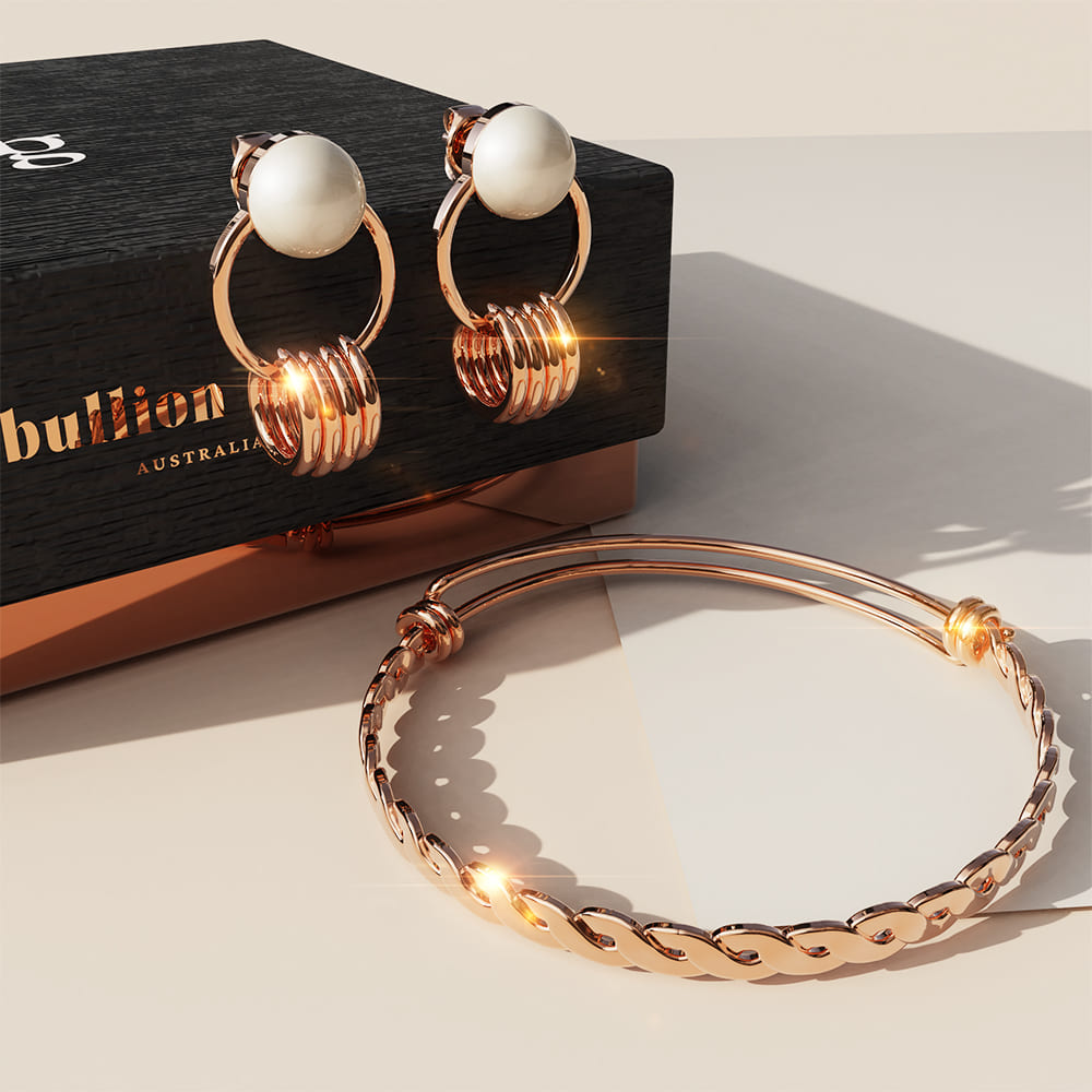 Boxed Capture of Beauty Bangle and Earrings Set in Rose Gold