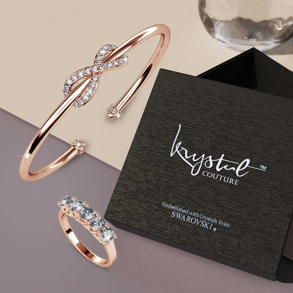 Boxed Soigne Bangle and Ring Set Embellished with Swarovski® Crystals In White Gold