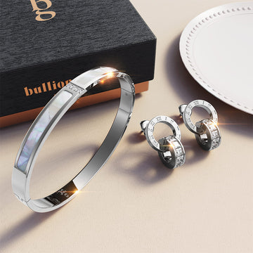 Boxed Modest Hinged Bangle  & Round Interlock Earrings Set in White Gold