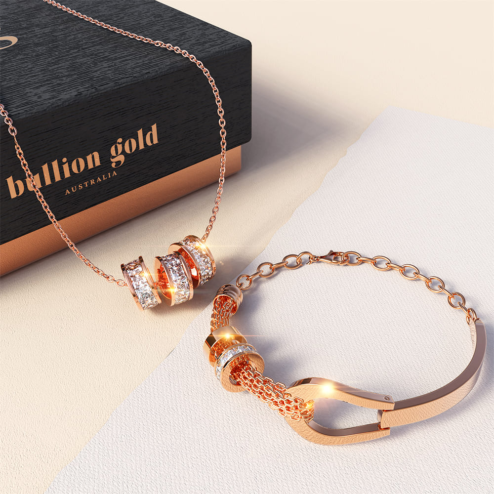 Boxed Knot Rose Gold Stainless Steel Bracelet With Triple Charm Slider Necklace