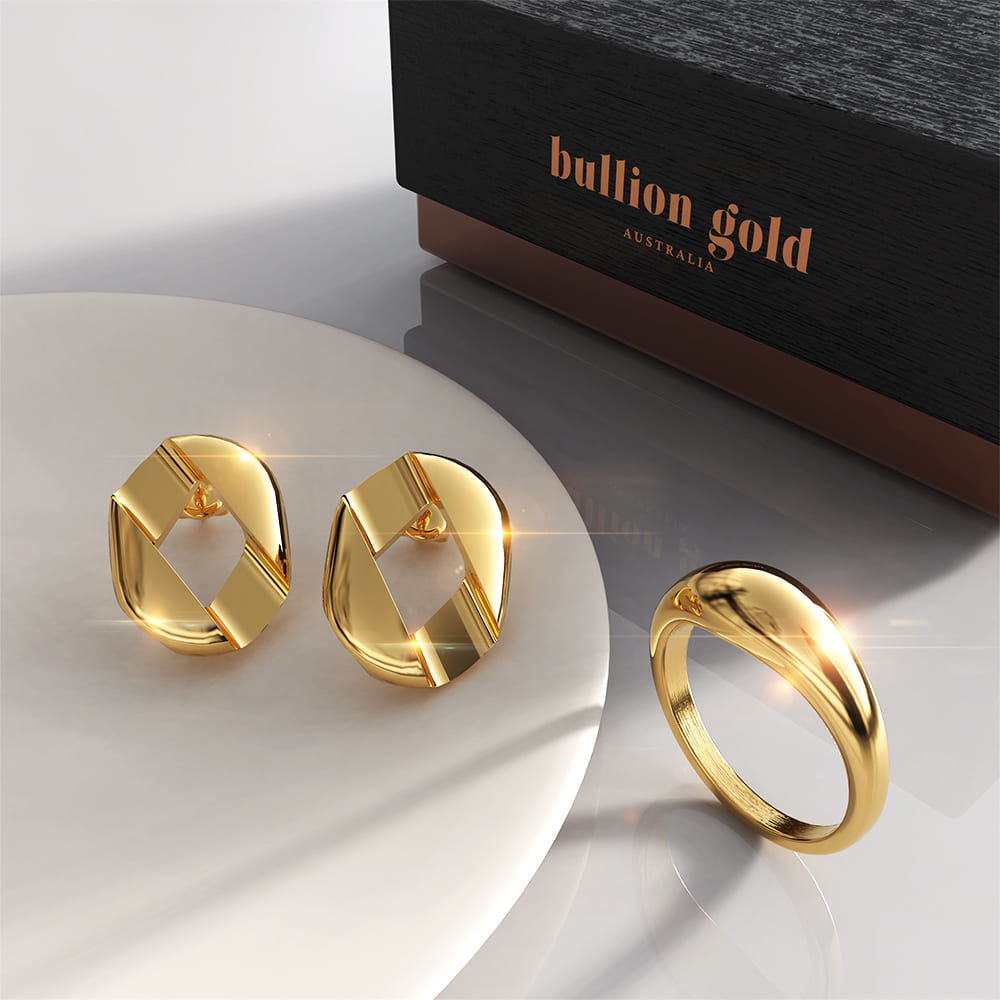 Boxed Pharaoh Earrings and Ring In Gold Set