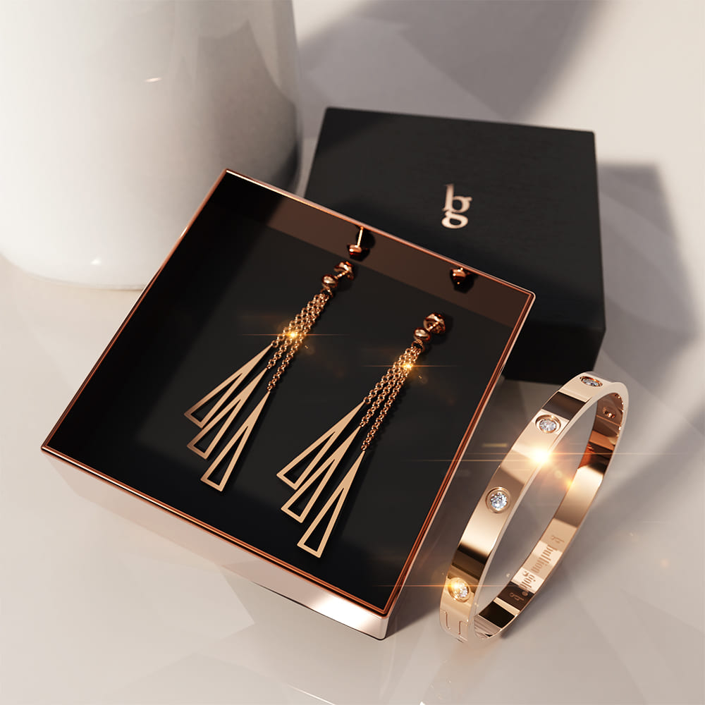 Boxed Royal Tassels & Rose Gold Stainless Steel Bangle Set