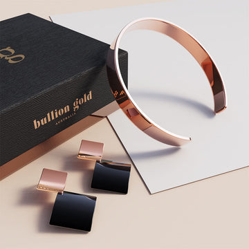 Boxed Geometric Curve Earrings With Classic Cuff Bangle In Rose Gold Set