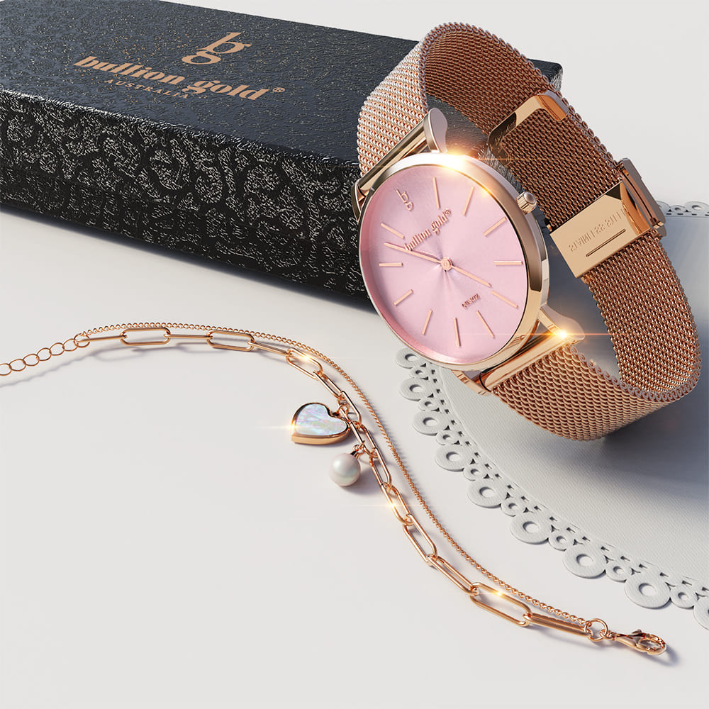 Boxed Rose Shell-pink Watch & Bracelet Set In Rose Gold