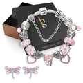Dragonfly On Sakura Charms Bracelet & Stud Earrings Set