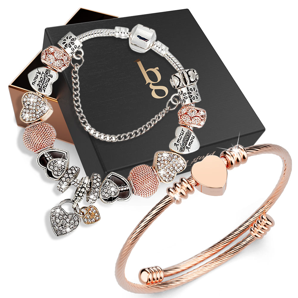 Pandora Inspired Full Beaded Charm Bracelet With Rose Gold Stretched Spiral Coil Bangle Set