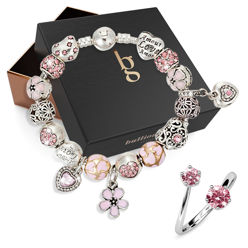 Pandora Inspired Silver/Pink Beaded Charm Bracelet Split Pink Person