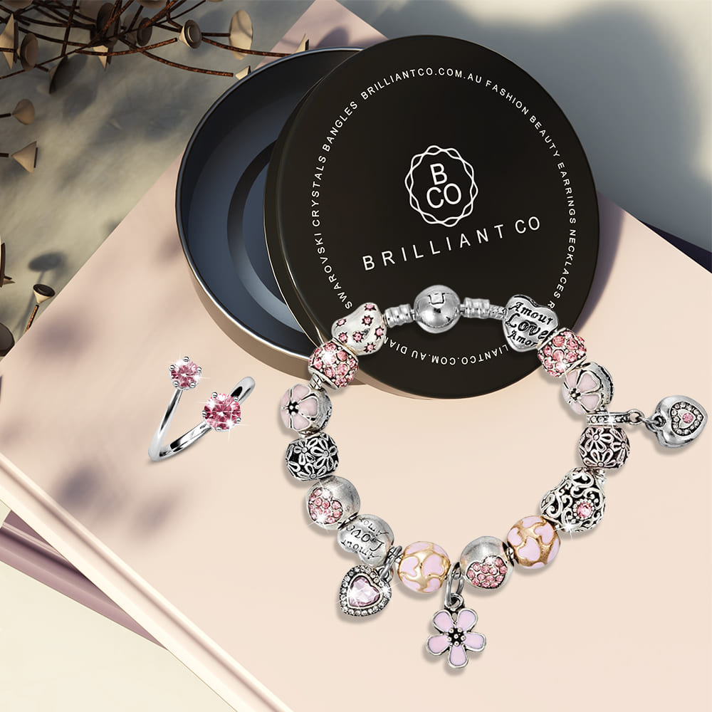 Pandora Inspired Silver/Pink Beaded Charm Bracelet & Split Pink Personality Ring Set