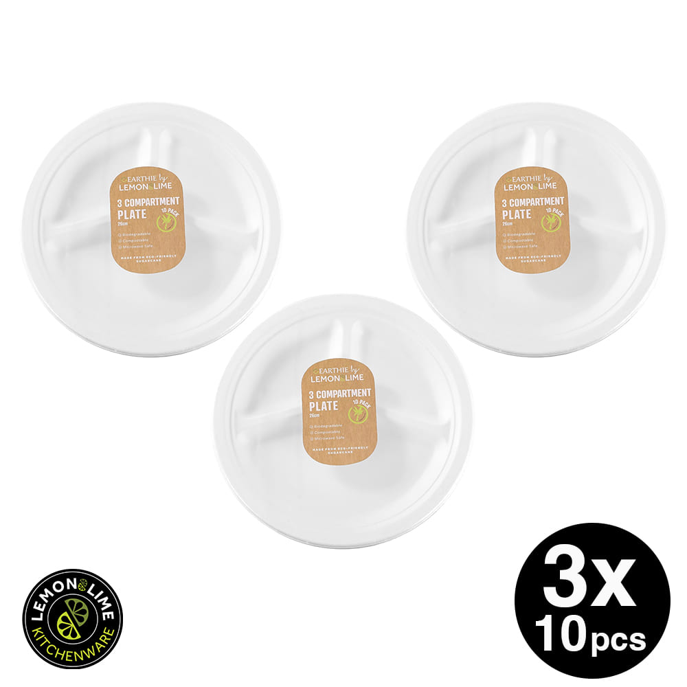 Lemon & Lime ECO SUGARCANE 3 COMPARTMENT PLATE 26CM 30PC - WHITE