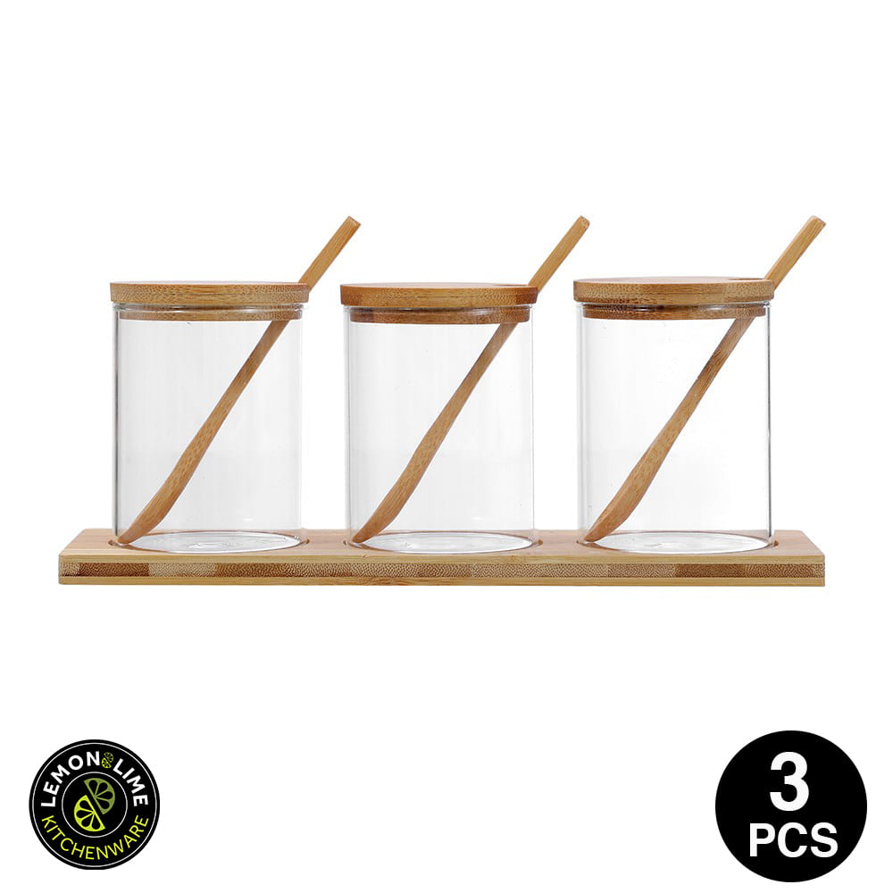 Lemon & Lime 200ML CAMDEN GLASS SPICE JAR 3PC SET BAMBOO TRAY WITH SPOONS