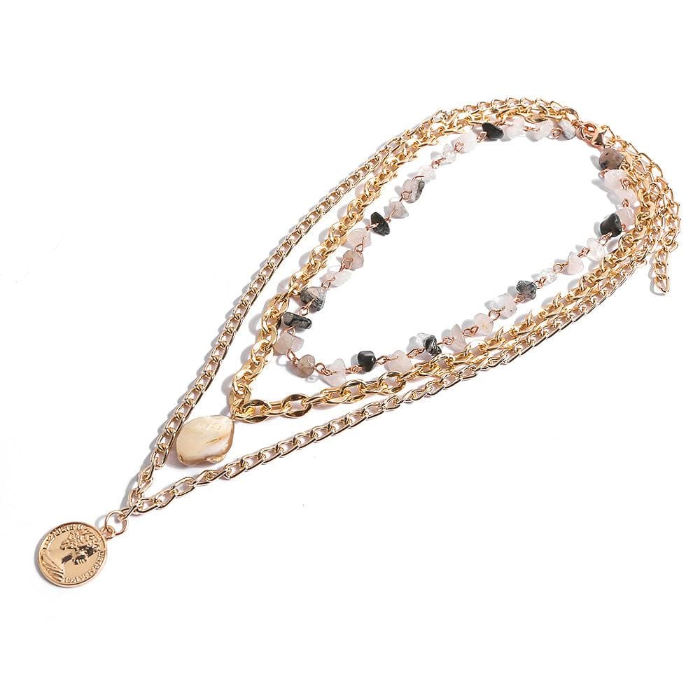 Multilayer 3 Piece Coin Pendant and Natural Stone Layering Gold Necklace - Brilliant Co