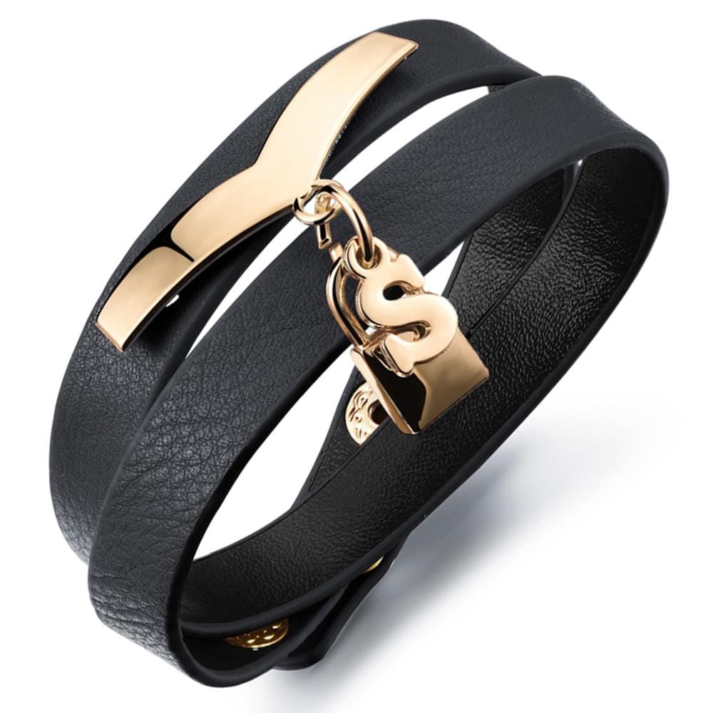 Genuine Cow Leather Wrap Bracelet in Black With Letter 'S'