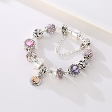 Pandora Inspired Full Set Beaded Charm Bracelet - Pink/Purple