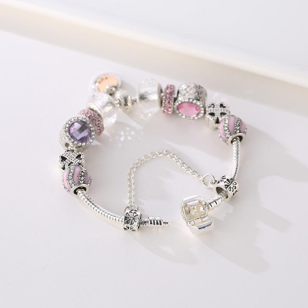 Pandora Inspired Full Set Beaded Charm Bracelet - Pink/Purple