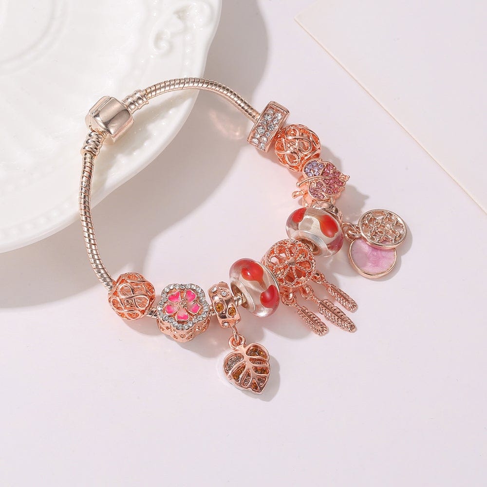 Pandora Inspired Full Set Beaded Charm Bracelet - Yellow/Pink