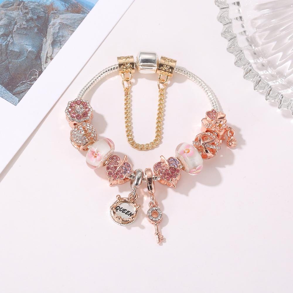 Pandora Inspired Full Set Beaded Charm Bracelet - Pink