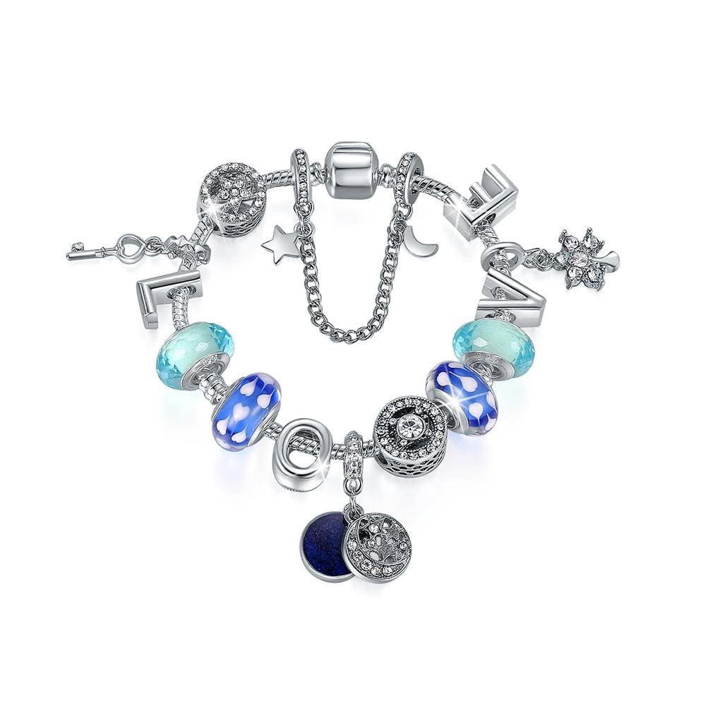 Pandora Inspired Full Set Beaded Charm Bracelet - Blue