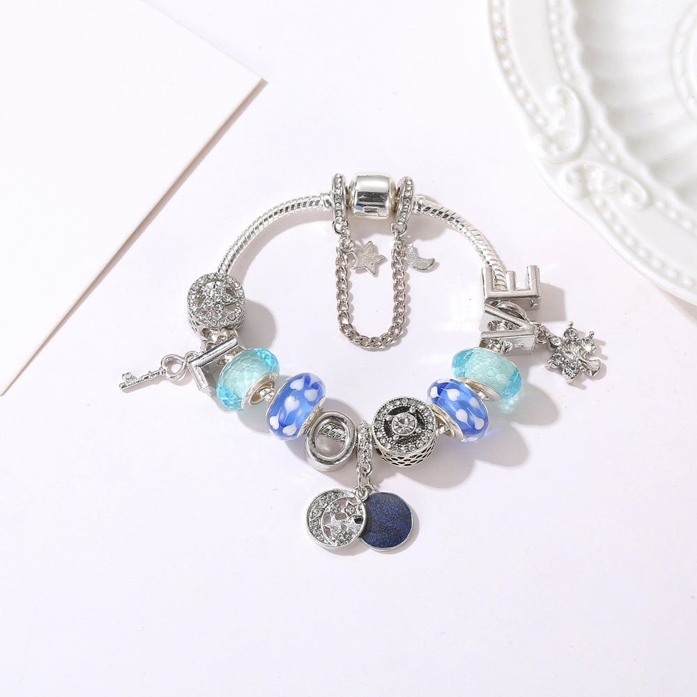 Pandora Inspired Full Set Beaded Charm Bracelet - Blue