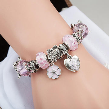 Pandora Inspired Full Set Beaded Charm Bracelet - Soft Pink