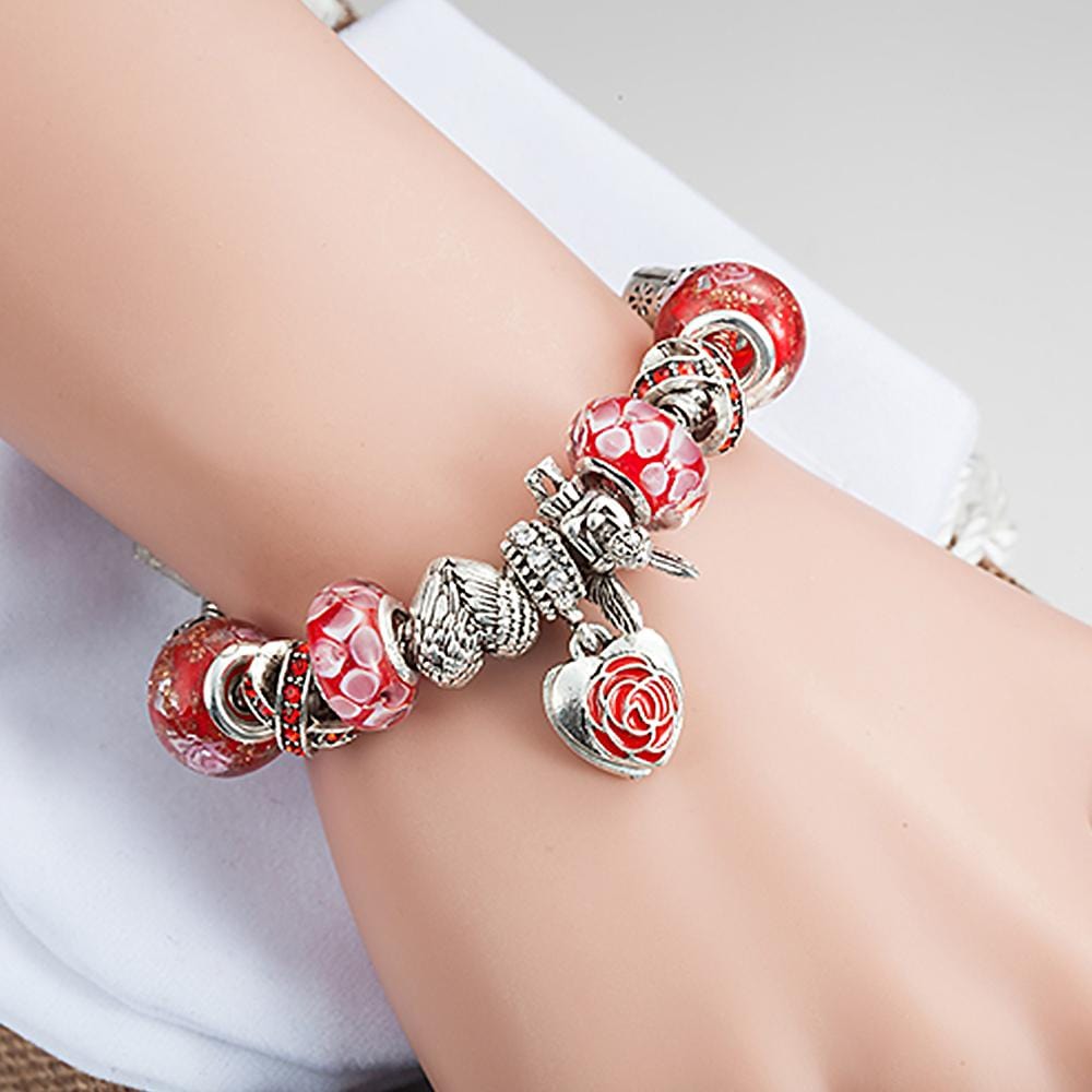 Pandora Inspired Full Set Beaded Charm Bracelet - Red
