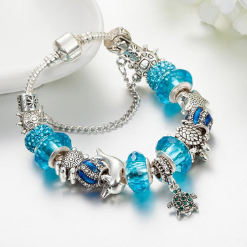 Pandora Inspired Full Set Beaded Charm Bracelet - Blue