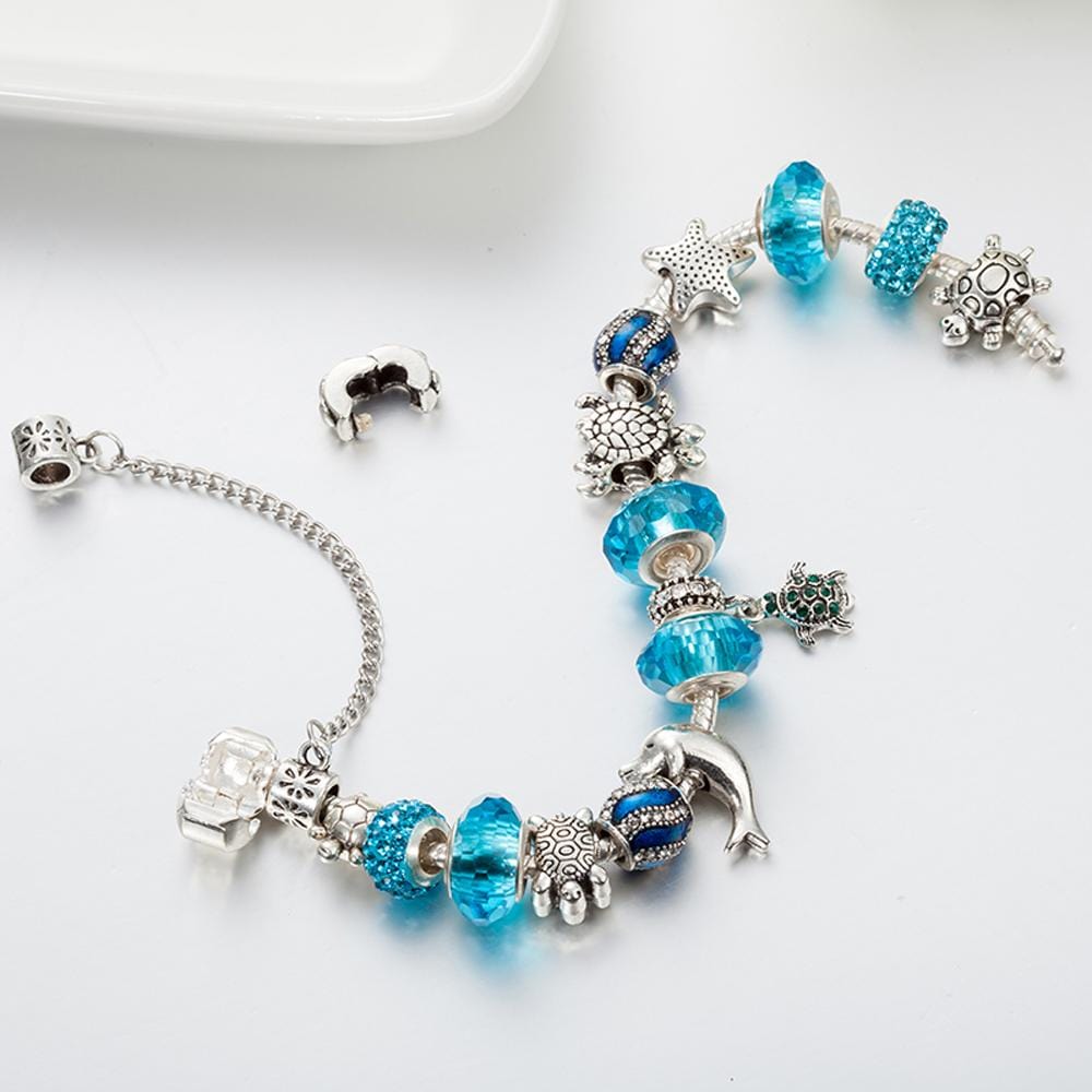 Pandora Inspired Full Set Beaded Charm Bracelet - Blue
